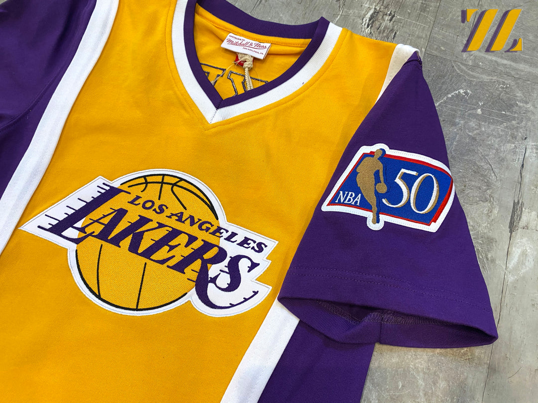 100% Authentic Mitchell & Ness 01/02 LA Lakers Finals Shooting Shirt Sz  44 L